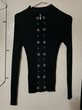 Belldini Black Ribbed Sweater with Eyelet Zip Front